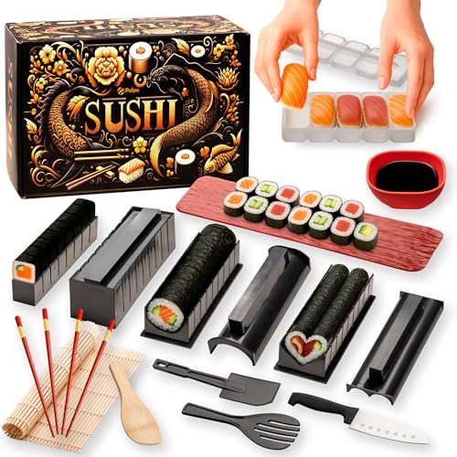 Pukpu Sushi Set Komplett – 20-teiliges DIY Kit mit Bambusmatte, Sushi Werkzeug, Teller, Soßenschale, Stäbchen, Geschenkbox – Mit Anleitung & Videos – Perfektes Set für Anfänger