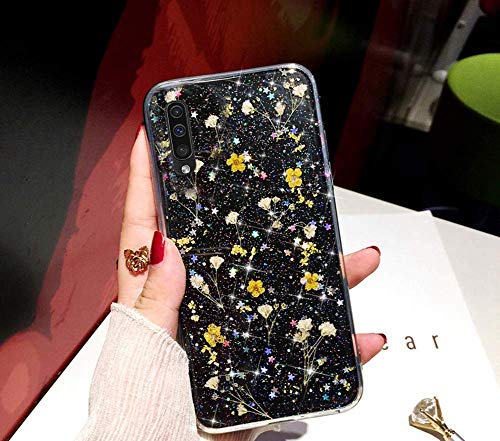 Herbests Kompatibel mit Samsung Galaxy A50 Hülle Getrocknete Blumen Glänzend Bling Glitzer Handyhülle Transparent Silikon Weich Ultra Dünn TPU Schutzhülle Crystal Case Stoßfest Tasche,Gelb