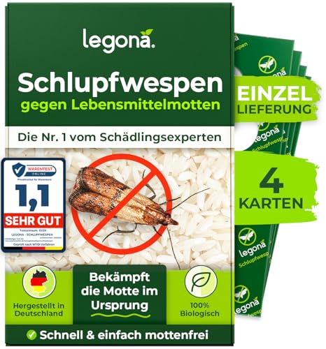 Legona® - Schlupfwespen gegen Lebensmittelmotten / 4x Trigram-Karte à 1 Lieferung/Effektive & Biologische Bekämpfung von Motten in Lebensmitteln/Alternative zu Mottenspray und Mottenkugeln