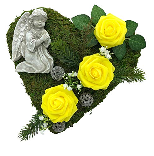 Grabgesteck Grabschmuck Grabaufleger Moosherz Grabherz Trauerherz Grab Herz Gesteck Rosen mit Engel (Rosen Gelb)