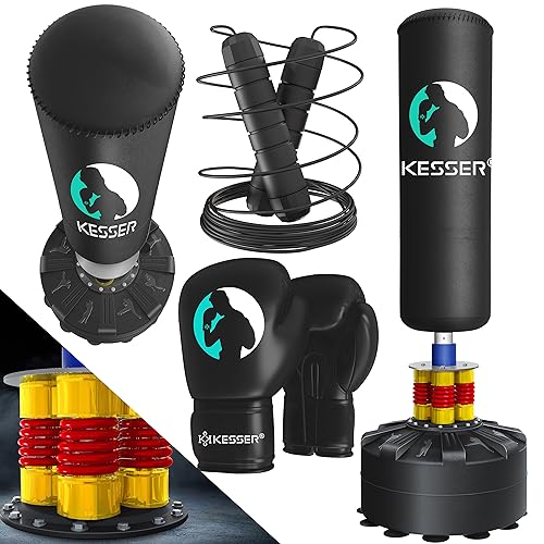 KESSER® Boxsack Set stehend Erwachsene mit Boxhandschuhe + Springseil, Kickboxsack, Freistehender Standboxsack MMA Boxpartner Boxing Trainer Fitness Boxsack mit Saugfuß Schwarz