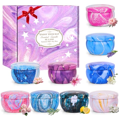 VICBAY Duftkerzen Set, 9 Stück Dufted Kerzen GeschenkeSet mit Deckel, 180Std Brenndauer aus Sojawachs, Tragbare Reise Zinnkerzen für Stressabbau, Geburtstag Weihnachten Gift für Familie, Frauen