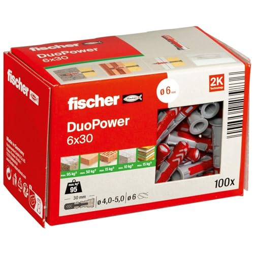 fischer DuoPower 6 x 30 S, Universaldübel mit Sicherheitsschraube, 2-Komponenten-Dübel, Kunststoffdübel zur Befestigung in Beton, Ziegeln, Stein, Gipskarton uvm., 50 Dübel + 50 Schrauben