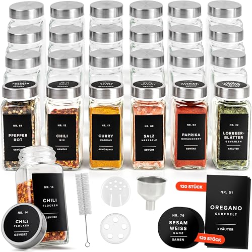 EDELHAUS Gewürzgläser Eckig Set mit Edelstahl Deckel (24 x 120ml) Gewürzstreuer mit Streueinsatz und 240 Etiketten Schwarz - Hochwertige Gewürzbehälter, Gewürzdosen, Gewürze organizer [10,7cm x 4,5cm]