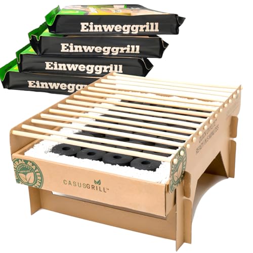 5x CasusGrill Öko Einweggrill Einmalgrill 100% Nachhaltig - Bio Grill rauchfrei 31 x 24cm Bambus Kohle und Grillrost, natürlichen Materialien, weniger CO2 Emission, 5 min startklar über 1h Brenndauer