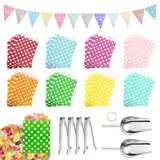 FIHODONE 87 Stück Candy Bar Zubehör Wellenpunkt,Enthält 80 Stück Candybar Tüten, 4 Zuckerzange,2 Eisschaufel und 1 Girlande,Candybar Zubehör Set für Hochzeit Geburtstage Party