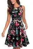 HOMEYEE Damen Vintage Rundhalsausschnitt ärmellosen Blumen Bestickt knielangen Cocktailkleid A079 (M, Schwarz + Grün Blumen)
