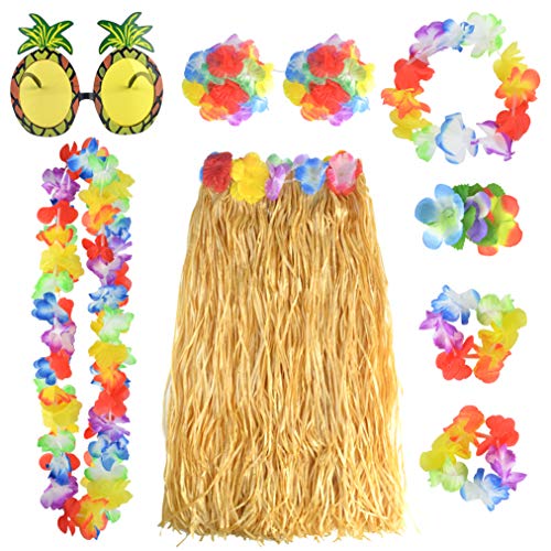 baotongle 8 Stück Hawaii Party Kostüm Set mit Halskette Armbänder Stirnband Blume BH Haarblume und Ananas Sonnenbrille für Beachparty Deko Gelb 60cm