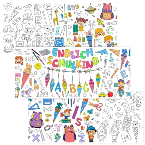 Ausmal Tischdecke Einschulung, 200cm Schulanfang Tischdecke Ausmalen, Endlich Schulkind Schultüte ABC 123 Motiven, Schulanfang Geschenke, Schulanfang Schultüte Füllung für Jungen Mädchen