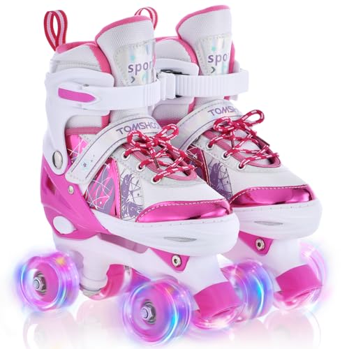 TOMSHOO Rollschuhe Kinder, Roller Skates mit 4 Größen Verstellbar, LED Rädern, Mehrere Größenoptionen, für Weihnachts und Geburtstags Geschenke, Größe S, Rosa