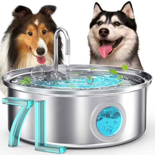 oneisall 7L Trinkbrunnen für Hunde, Katzenbrunnen für Katzen, Edelstahl Hundebrunnen mit LED-Licht, Ultraleiser Pumpe mit Überlastschutz, 5-Schicht Filtration