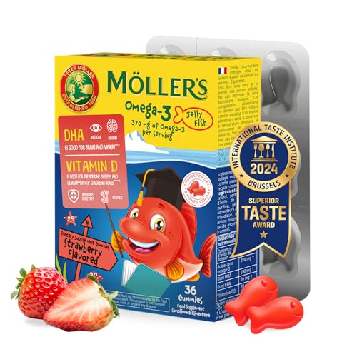 Möller's Omega 3 Kapseln für Kinder | Natürliche Omega 3 Fischtran mit Erdbeergeschmack | Mit DHA und EPA | Leicht zu kauen | Ohne Gluten, Laktose und Zucker | 36 Stück