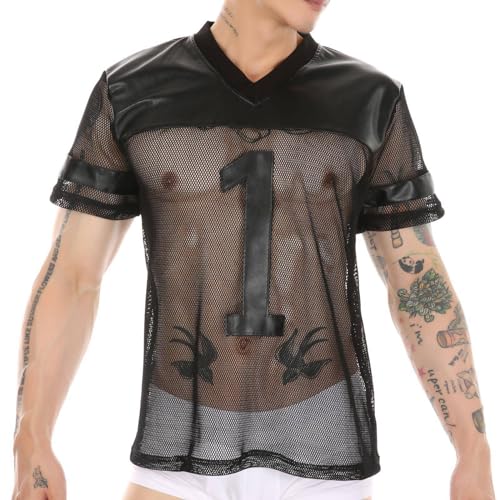 Duohropke Herren Wetlook Oberteile Männer T-Shirt Lack-Optik Jacke Unterhemd Muskelshirt Lack Leder Mesh mit Stehkragen Sexy Party Clubwear Lack Optik Wetlook Bluse