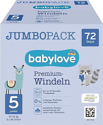 babylove Windeln Premium aktiv plus Größe 5, junior 12-25kg, Jumbo Pack, 2x36 Stück, 72 St