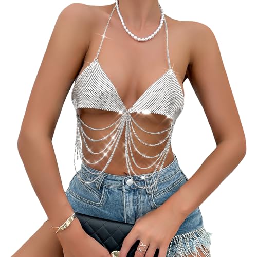 Frauen Pailletten-BH Quasten, Sterne Halsweste Sexy Bra Glitzerndes rückenfreies Oberteil Bauchtanz Kostüm mit Quasten Glitzer Dessous für Nachtclub, Bauchtanz, Boho, Latin Dance, Musikfestival