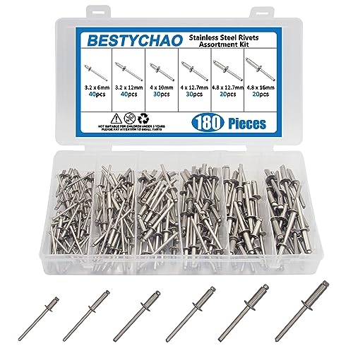 BESTYCHAO 180 Stück Blindniet-Kit, Edelstahl-Pop-Nieten 6 Größen Niet-Sortimentssatz 3,2 mm 4 mm 4,8 mm