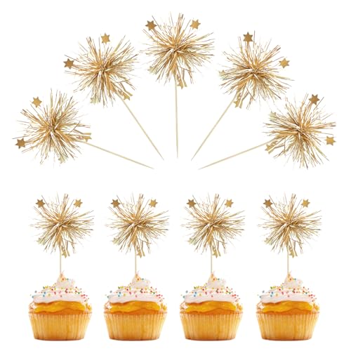 Mezrkuwr 20 Stück Gold-Folie-Feuerwerk-Cupcake-Topper Geburtstagskuchen Kuchen-Topper Funkeln Tinsel Blume Getränke-Rührstäbchen Cocktail-Essen-Obst-Zahnstocher für Party-Zubehör