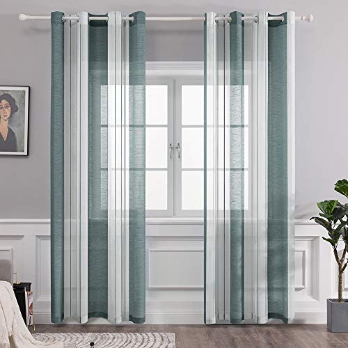 MIULEE Gardinen Gestreift Transparent mit Ösen, Voile Vorhänge Wohnzimmer 2er Set, Vorhang Schlafzimmer Transparent mit Grün Weiss Gestreift Muster, Kurz Vorhang Halbtransparent Streifen 140X145 cm
