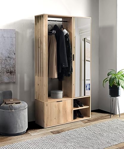 MINIO - Garderobe Set 100cm Breit, Flurgarderoben Set Milo mit Spiegel, Garderoben Set mit Ablage und Schuhschrank, Garderobenschrank Flur, Vorzimmer Möbel - Artisan Eiche