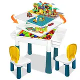 LZQ Kindertisch mit Stühle 6-in-1 Kinder Tisch Stuhl Set Multifunktion Bausteine Spieltisch mit Stauraum Doppelseitiger Tischplatte Höhenverstellbarer Geeignet für Lern-und Denkübungen von Kindern