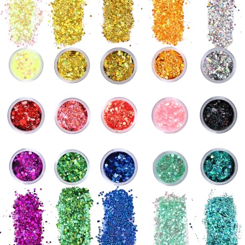 DIYDEC 15 Farben Glitzer Make up Set, Festival Glitzer Sequin Körper Gesicht Holographische Glitzer Pailletten für Festival Dekoration, DIY Handwerk und Nageldesign