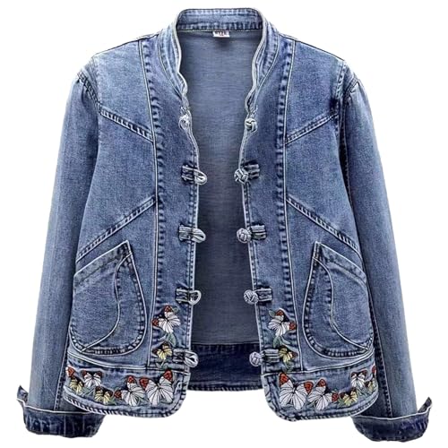 Generisch 2025 Damen Jeansjacke Frühling bestickte Kurze Jeansjacken Basic Mantel Mantel Offen Damen (Blue, XXXL)