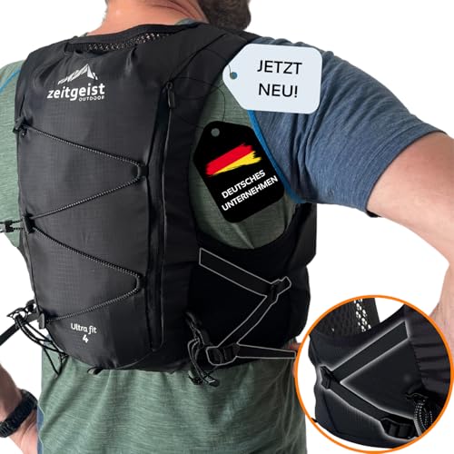 zeitgeist OUTDOOR® Laufweste Damen und Herren 4L | optimale Passform | atmungsaktiv | ultraleichter Laufrucksack 230gr Trinkrucksack Laufen Fahrradrucksack Trailrunning Rucksack - (M/L, schwarz)