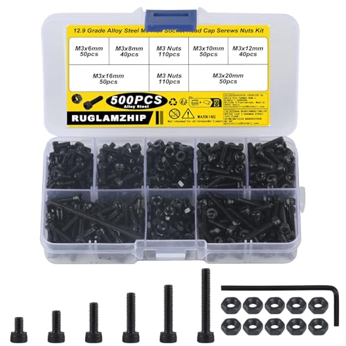 500 Stk M3 Schrauben Set, Innensechskantschrauben Muttern Set, Sechskopf-Knopf Zylinderschrauben Sortiment Set, Innensechskant Gewindeschrauben Schraubensortiment, Maschinenschrauben mit Muttern