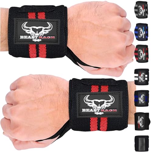 BEAST RAGE Zughilfen für Krafttraining (Fitness Straps) Kreuzheben Gurte Frauen Männer (Gepolstert) Gewichthebergurte Baumwolle Handgelenkstütze Griffe Hantel Bar (Lifting Straps) (‎SchwarzRot)