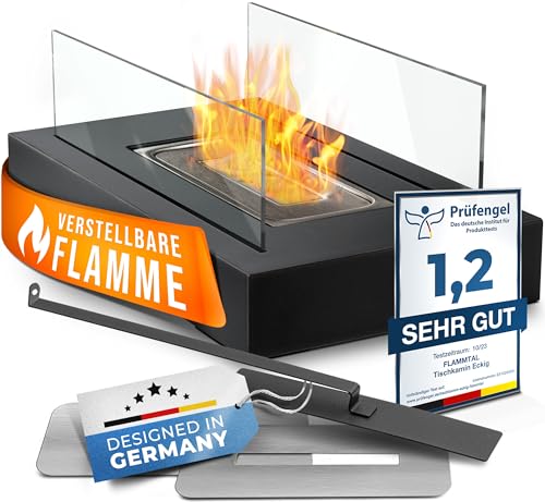 flammtal - Tischkamin [3h Brenndauer] - Tischfeuer für Indoor & Outdoor - Bio Ethanol Kamin mit verstellbarer Flamme & Sicherheitsglas - Bioethanol Tischkamin - Verbreitet angenehme Wärme- Balkon Deko