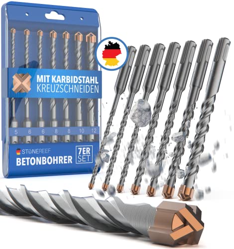 STONE REEF Betonbohrer Set Profi - [7-teilig inkl. Bohrerkassette] - SDS Plus Bohrer Set Ø 5mm, 6mm, 8mm, 10mm, 12mm x 160mm