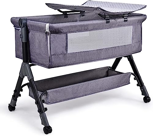 Bellababy Beistellbett Baby,Bett Bassinet/Babybett/Babywiege, Einfache Faltbare Tragbare Krippe mit Wickeltisch, Verstellbare Tragbare Bett für Säugling/Neugeborene (Dunkelgrau)