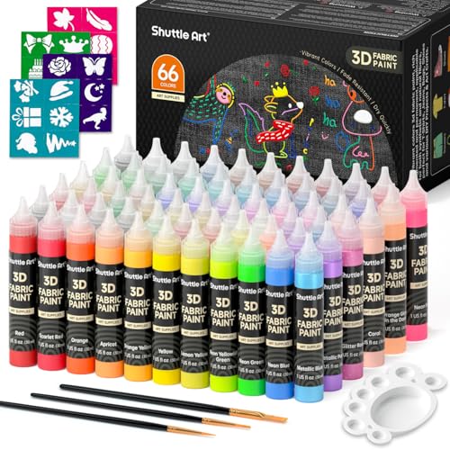 Shuttle Art 3D Textilfarbe waschmaschinenfest, 66 Stoffmalfarben waschfest mit Pinseln, Vorlagen, 3D Textilfarben mit Metallic-, Neon- und Glitzerfarben, Stofffarben waschfest Kinder für Tshirt, Jeans