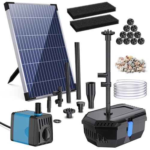 Biling 12W Solar Teichfilter mit Pump, 605 l/h Teichfilter Solarpumpe mit Schlauch 4 Düsen 5m Kabel DIY Wasserspiel, Solar Springbrunnen für Außen Teiche Fischtank, Wasserfall, Saubere Teichlösung