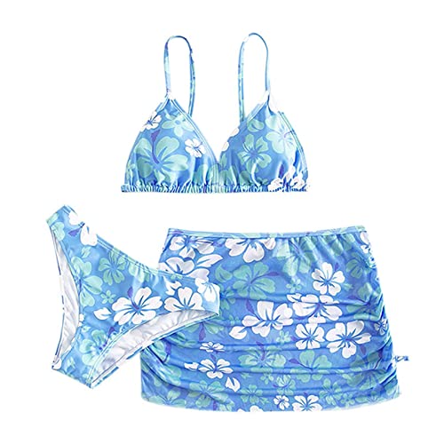 Bikini Teenager Mädchen 3er Mädchen Bikini Sets Hawaiian Badeanzug Verstellbare Dreiteilig Tankini mit Rock Blumendruck Bademode Sommer Schwimmanzug Badebekleidung Badeanzüge für Mädchen 6-15 Jahre