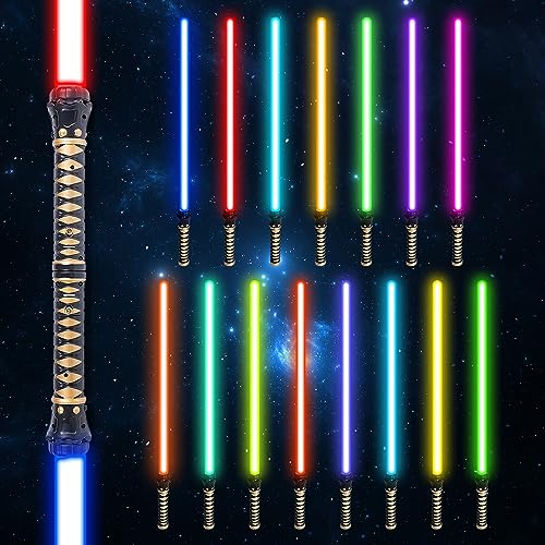 VATOS 2 Pack Lichtschwert für Kinder Erwachsene, RGB 15 Farben Light Sabers mit FX Sound, einziehbare LED-Lichtschwert Spielzeug für Halloween Dress Up Party Galaxy War Fighters Warriors