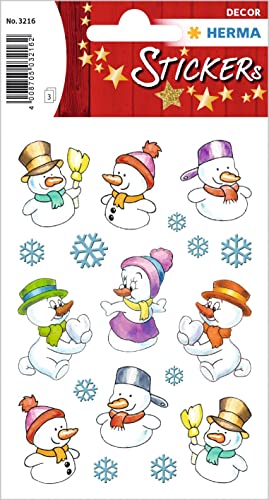 HERMA 3216 Aufkleber Schneemann klein, 27 Stück, Weihnachten Sticker mit Schneeflocken Motiv, Kinder Etiketten für Weihnachtsdeko Geschenke Adventskalender Winter Dekoration Scrapbooking DIY Basteln