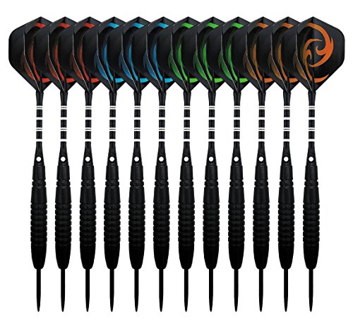 KOHMUI Dartpfeile, 12 Stück Steel Darts Pfeile Set, 23 Gramm Profi Steeldarts mit Metallspitze, Schwarz rutschfeste Eisenfass, Aluminium Schaft, 40 Flights, 24 Anti-lose Gummiringe, Dartpfeil Spitzer