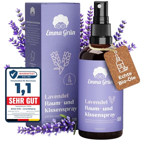Emma Grün® Lavendelspray & Kissenspray 100ml [BIO-QUALITÄT] - Lavendelspray für Kopfkissen - Mit Naturreinem Lavandula Angustifolia - Lavendel Kissenspray zum Einschlafen - Lavendelöl Spray