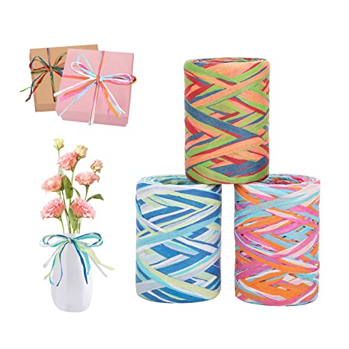Farbiges Bast-Papierband 3 Rollen 240m Bunt Bast Band Mehrfarbig Geschenkband Raffia Bastband für Geschenkverpackungen Festivals Geschenke Party-Dekoration