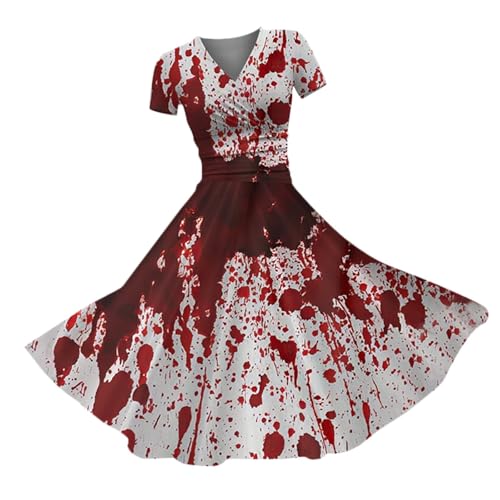 Halloween Kleid Damen mit Blutigem Print Mittelalter Kleid Problem Gelöst Drucken Halloween-Kostüm V-Ausschnitt Kurzarm Kostüm Party Bequemer Cocktailkleid Halloween Karneval Halloween Kostüm (S)