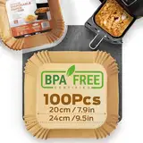 PORTENTUM Backpapier für Heißluftfritteuse 100 Stück BPA-frei, 20x20 cm, Airfryer Backpapier Antihaft Wasserdicht Ölfest Einwegschalen Luftfritteuse Pergamentpapier Liner für 4.7L - 7.3L2, Quadrat