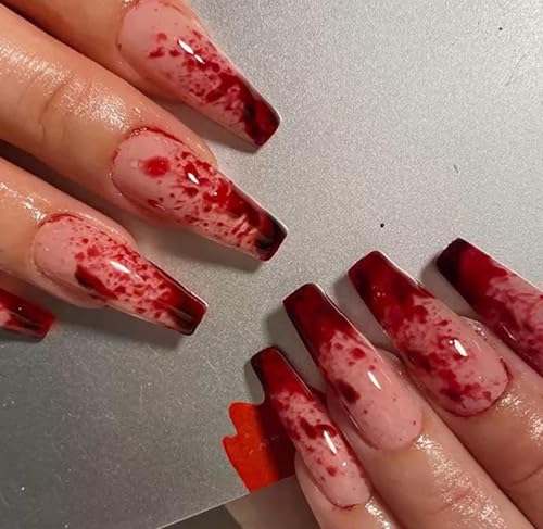 Halloween Nägel Zum Aufkleben Oval Eckig Lang, Halloween Press On Nails, Künstliche Nägel Falsche Blut Nägel, Burgund Gothic Fingernägel, Glitzer Fake Nails für Frauen 24 Stück + 1 x Kleber (A)