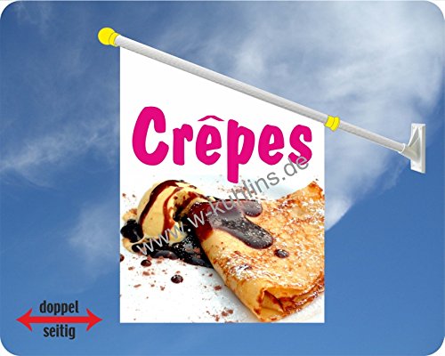 Werbeflagge (Fahne mit über 50 Varianten, Text und Bild, z.B. Eis, Döner, Kaffee, Crepes, Waffeln, Pommes uvm.) Ideal für Kiosk, Restaurant oder Kirmes, weiß (Crepes 3)