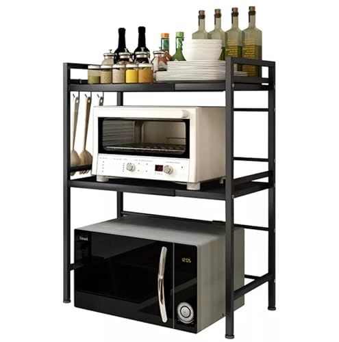 Luchs – Mikrowellen Ständer/Regal, Mikrowellenhalterung, Mikrowellenständer, Mikrowellen Ständer/Organizer mit 3 Haken, Microwave Holder/Rake grössenverstellbar (Schwarz, Gora 3 Ebenen)