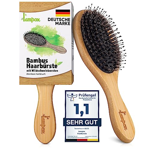 Bambus Haarbürste mit Wildschweinborsten Kopfmassage Haarpflege, Entwirrbürste für lange Haare & Locken von Damen, Herren & Kinder, Massagebürste für die Kopfhaut, Detangler (oval)