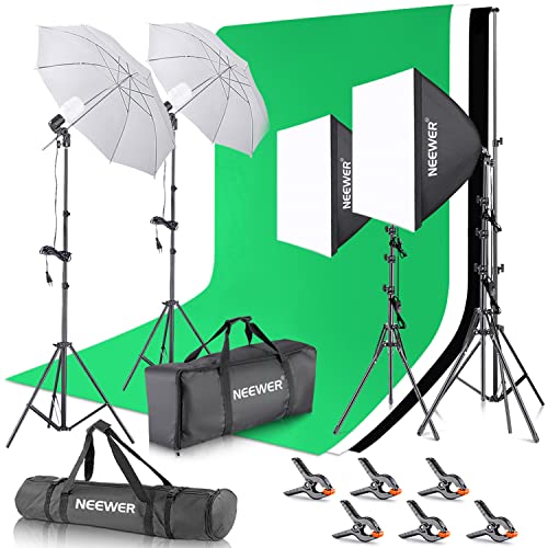 NEEWER Fotostudio Set mit Hintergrund Fotografie: 8,5ftx10ft Hintergrundsystem, 800W äquivalente 5700K LED Schirm und Softbox, Studiolicht mit Green Screen Hintergründen für Porträt Produktfotografie