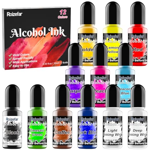 Roizefar Alkohol Tinten set – 12 Alcohol Ink Farben, Harzfarbe, konzentrierte, Tinte auf Alkoholbasis, Alcohol Ink Epoxidharz farbe für Untersetzer, Acrylmalerei, Becherherstellung, je 10 ml