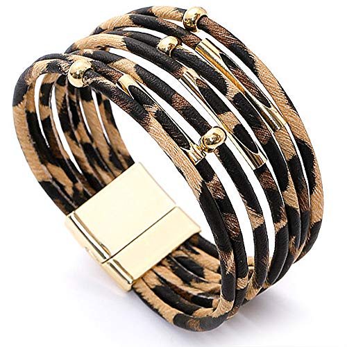 Suyi Damen Leopard Armbänder Breites Lederwickelarmband Mehrschichtiges Manschettenarmband Leopard1