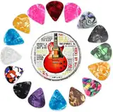 16er-Pack Gitarrenplektren mit Aufbewahrungsbox, 3 verschiedene Stärken, bunte Zelluloid-Gitarrenplektren für Akustikgitarre, E-Gitarre, Bass, Ukulele